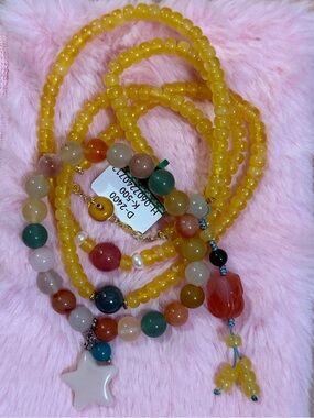 6” Natural Emerald Jade Strawberry Quartz Gemstone Beaded Gold necklace
